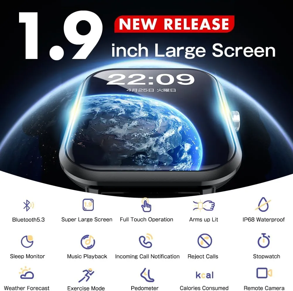 Smart Watch for Men Women, Fitness Tracker, 1.9" Smartwatches, 24 Sports Modes, Heart Rate/Sleep Monitor/Pedometer/Spo2/Step Counter, IP68 Waterproof, Ultra Thin, Long-Lasting Battery for Android iOS