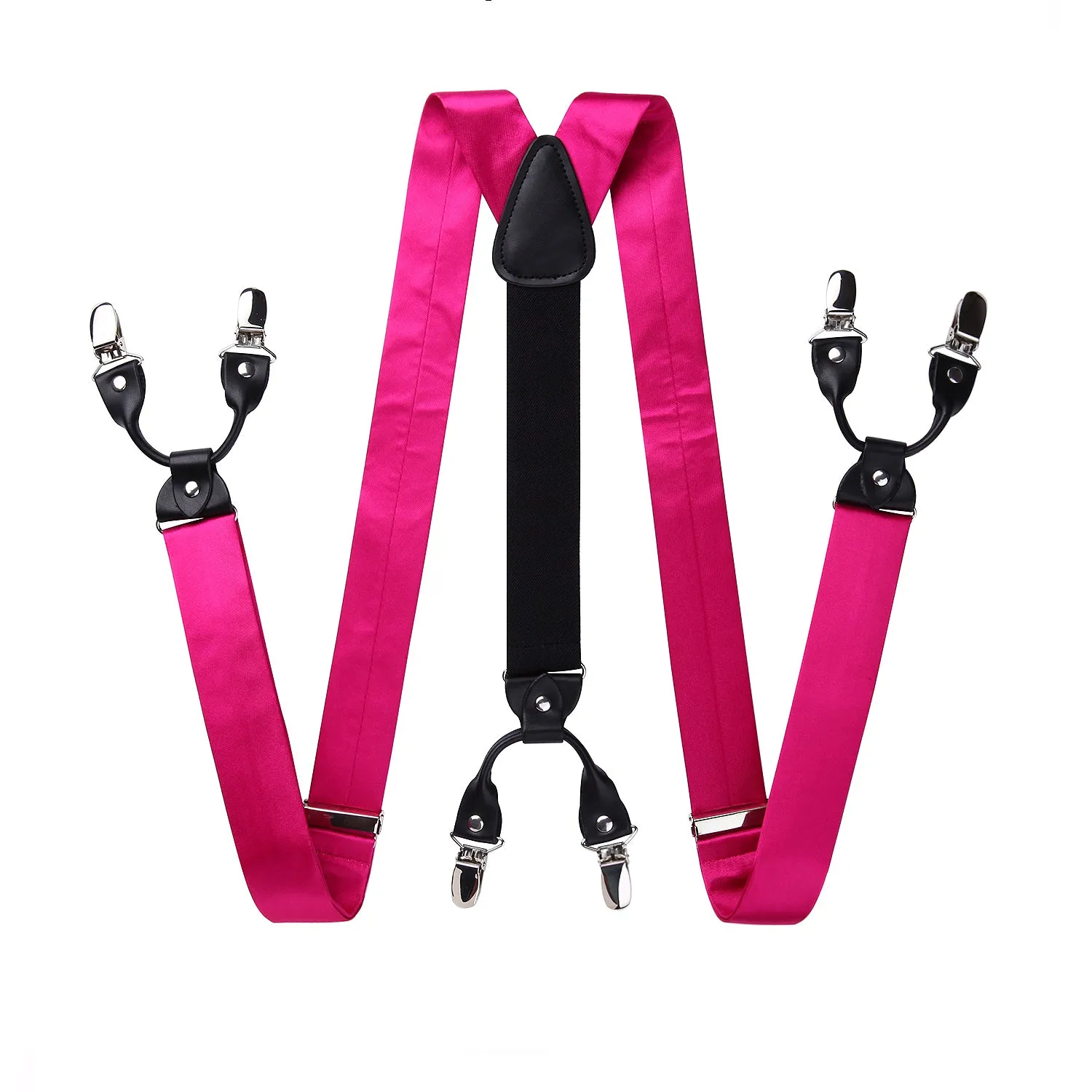 Solid Suspender Pre-Tied Bow Tie Handkerchief - A1- HOT PINK