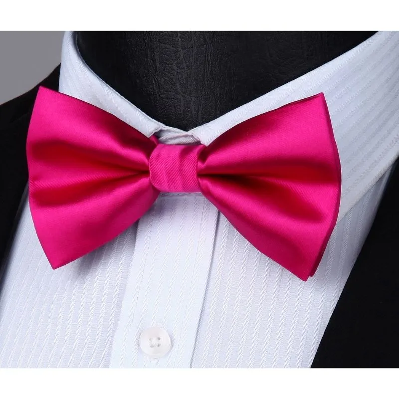 Solid Suspender Pre-Tied Bow Tie Handkerchief - A1- HOT PINK