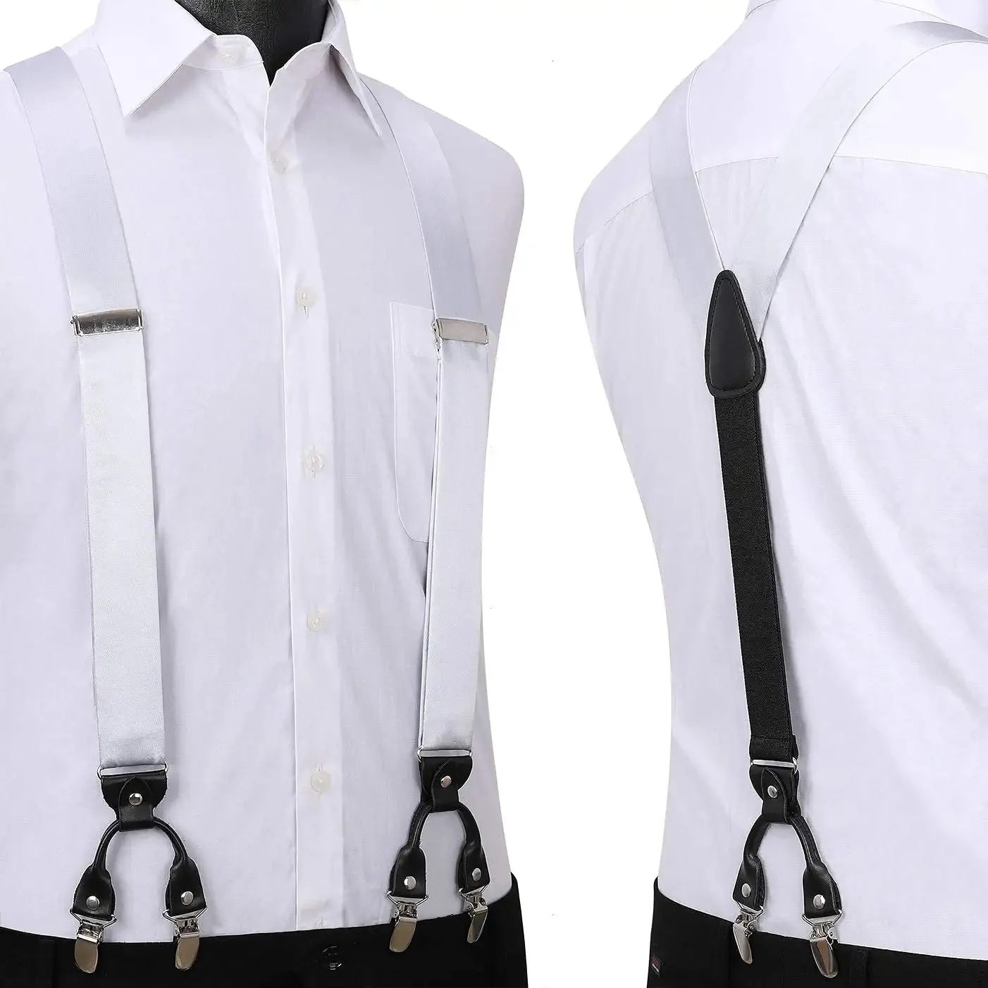Solid Suspender Pre-Tied Bow Tie Handkerchief - A7-SILVER