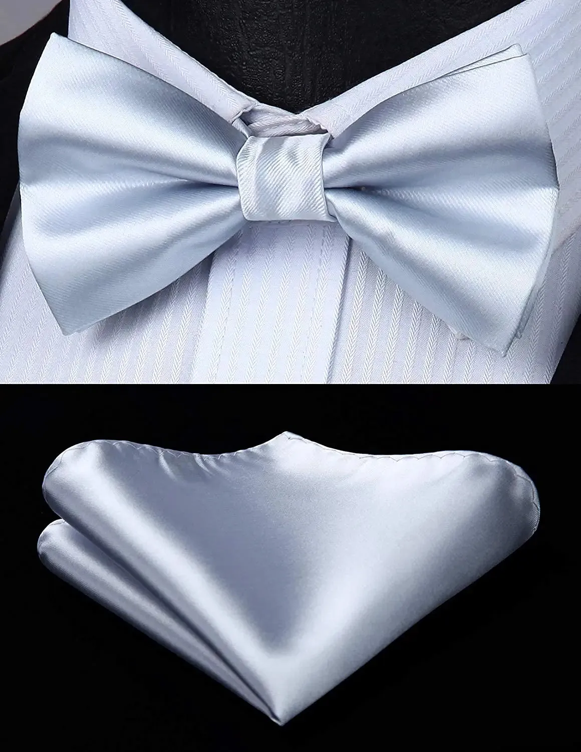 Solid Suspender Pre-Tied Bow Tie Handkerchief - A7-SILVER