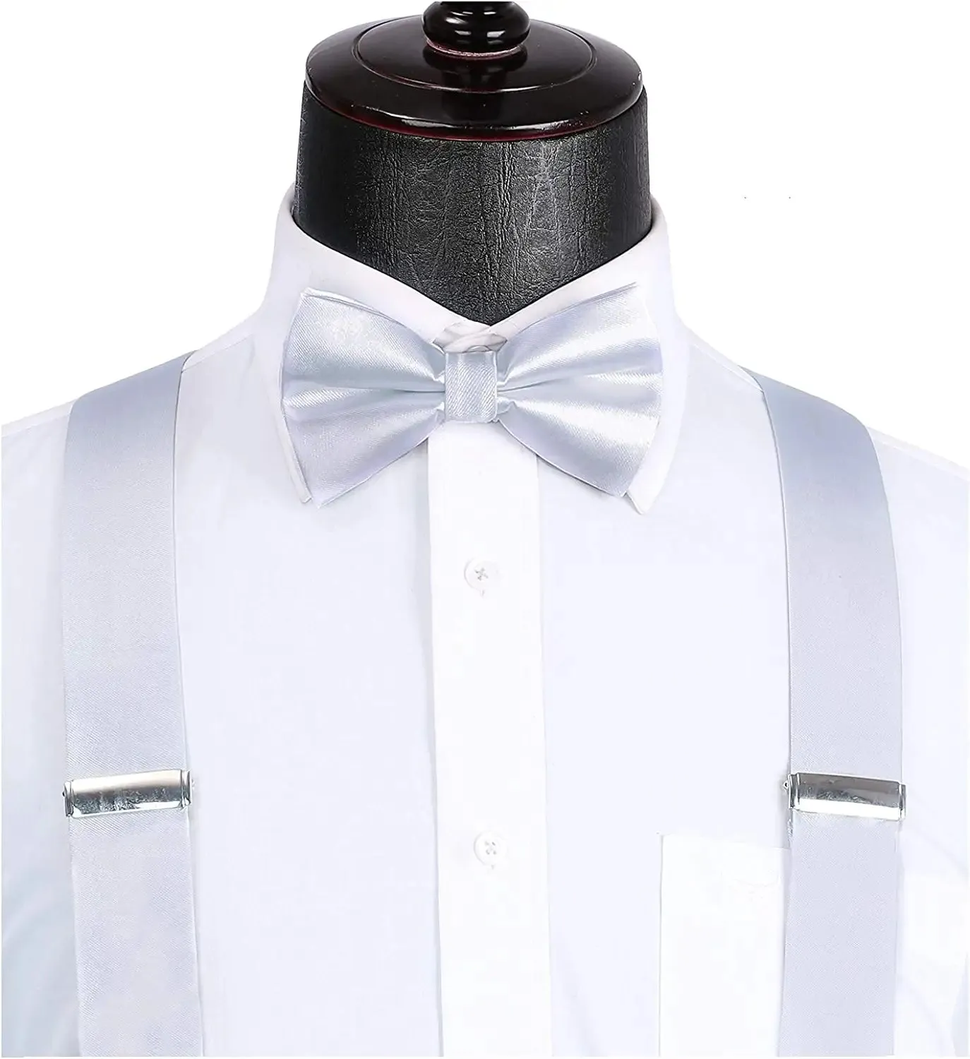 Solid Suspender Pre-Tied Bow Tie Handkerchief - A7-SILVER