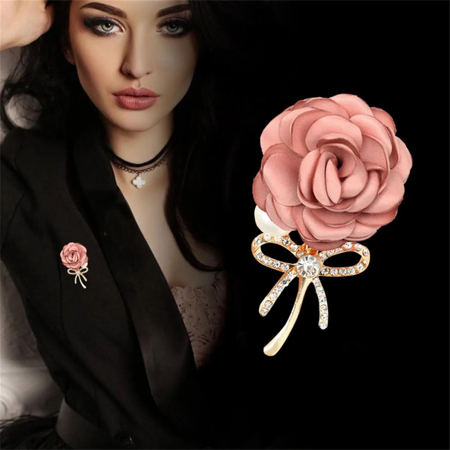 WCRAZYE Elegant Rose Flower Brooch Pin for Women Men Wedding Party Gentleman's Essentials Handmade Crystal Pearl Fabric Flower Lapel Pin Dress Suit Accessories Boutonniere Ideas Gift Valentine's Day