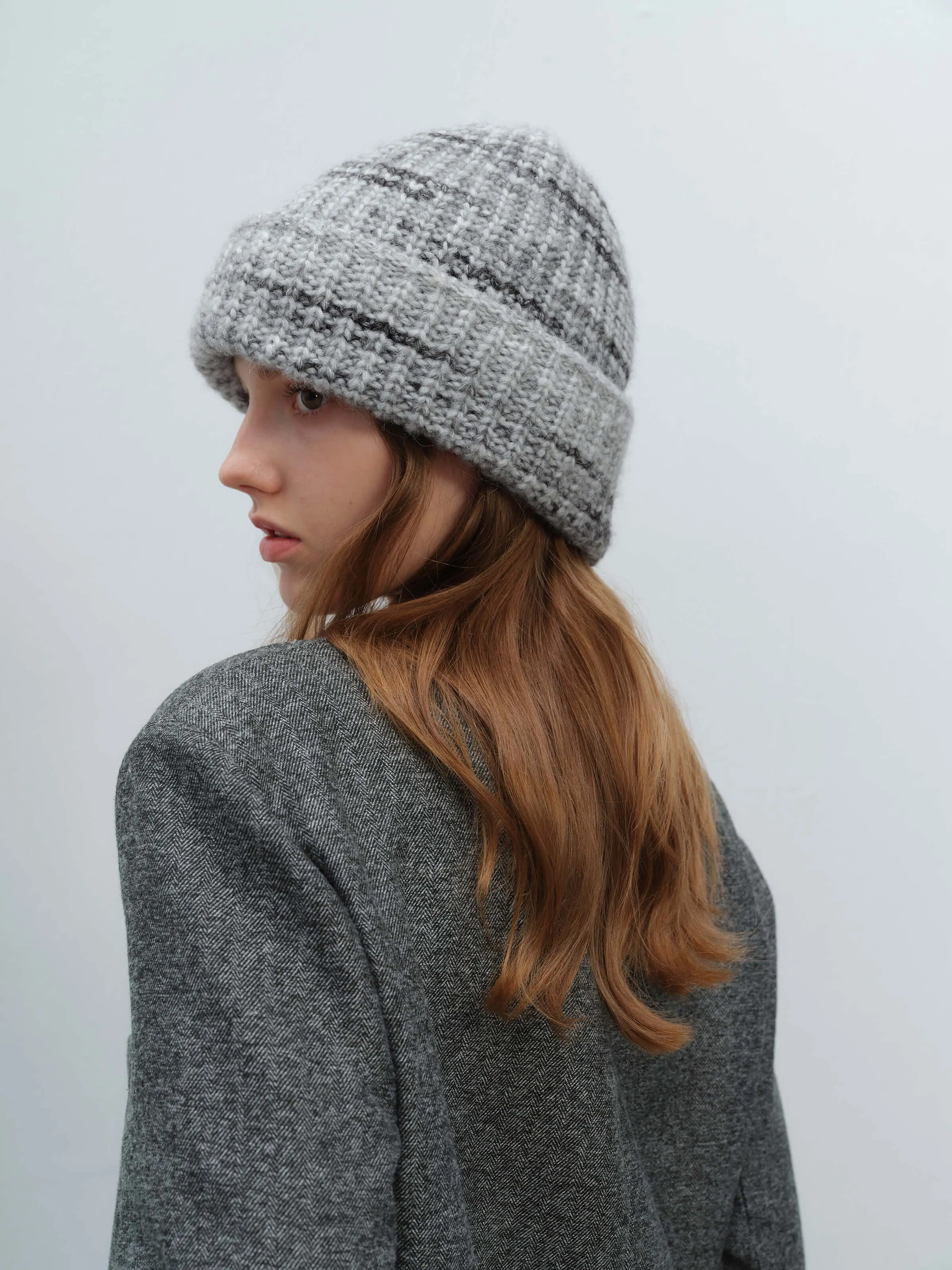 Wool Blend Gradient Knit Beanie - Grey