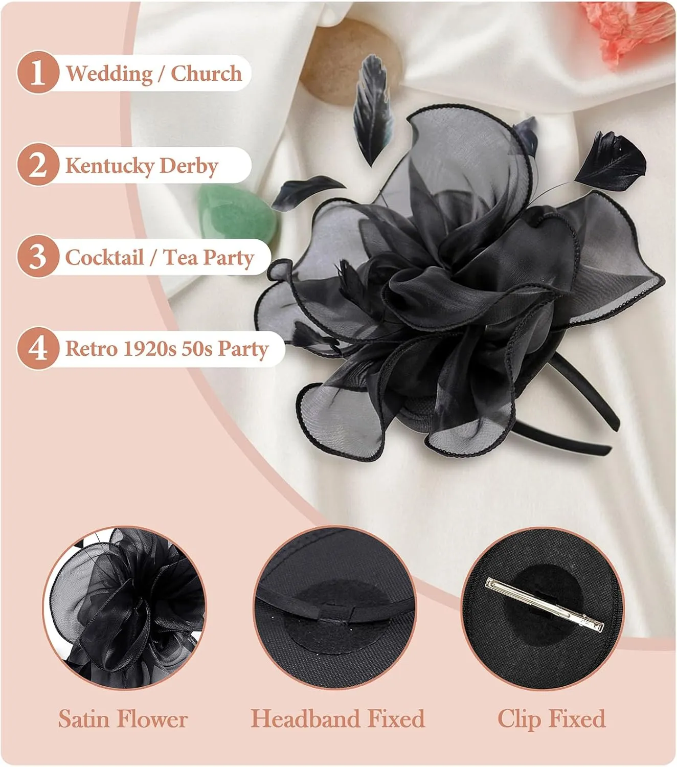 Z&X Sinamay Fascinator Pillbox Hats for Women Feather Flower Church Derby Headband Clip Wedding Tea Party Hat